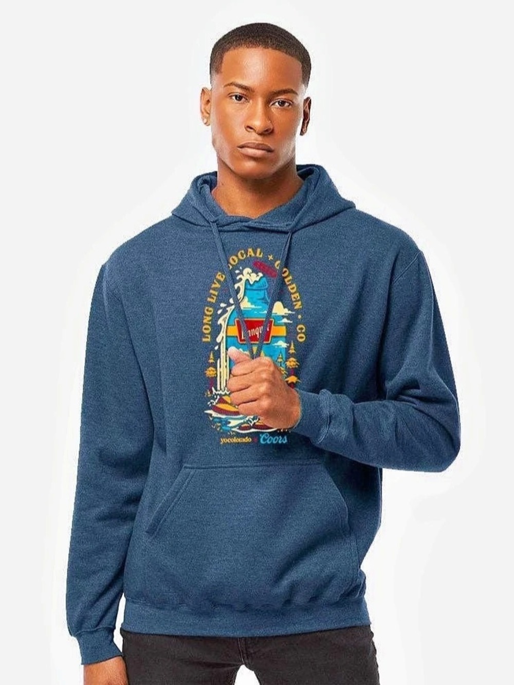 Coors Banquet x YoColorado Bottle Graphic Hoodie Heather Blue NWT
